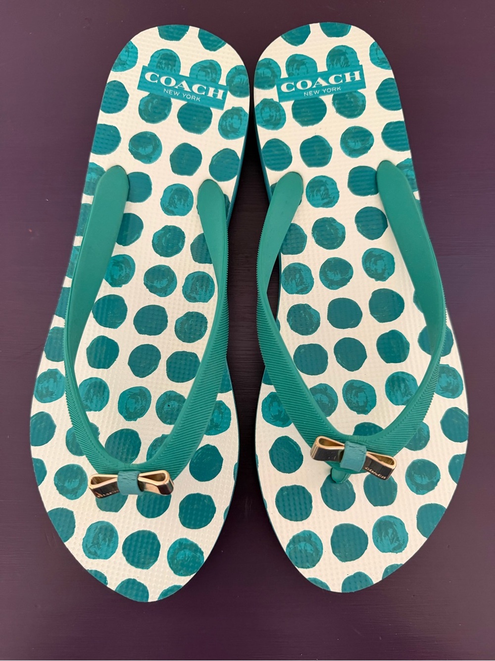 Coach Teal Polka Dot Bow Strap Flip Flop Sandals Sz9-10
